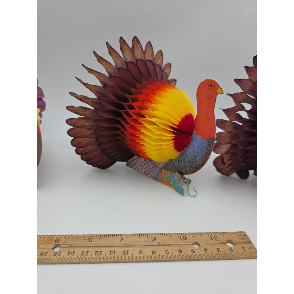 Vintage Honeycomb Paper Turkey Thanksgiving Decorations Set of 4 Multi-Color